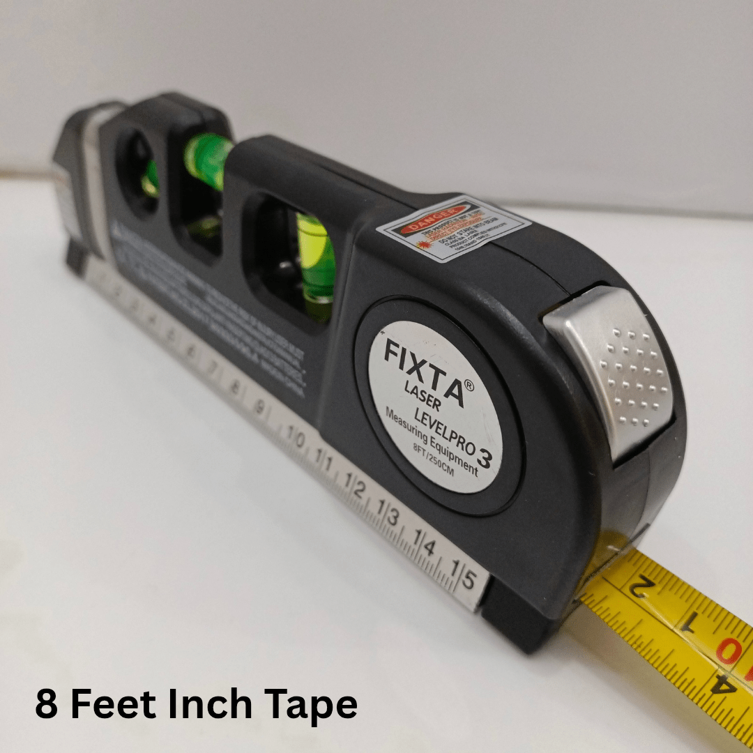 4-in-1 Laser Level Measuring Tool – With 8ft Tape, Triple Bubble Level & Laser Guide