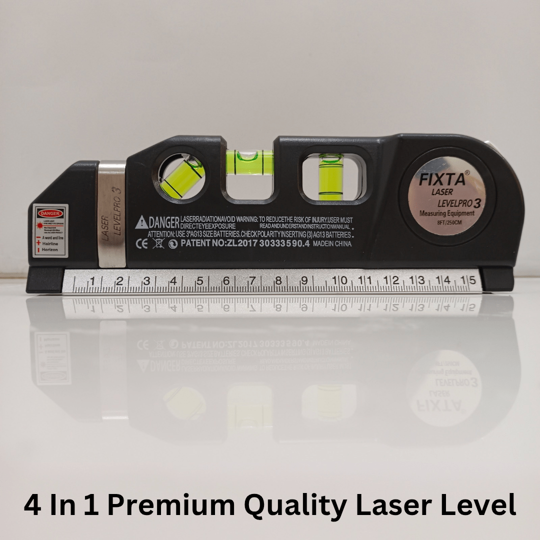 4-in-1 Laser Level Measuring Tool – With 8ft Tape, Triple Bubble Level & Laser Guide