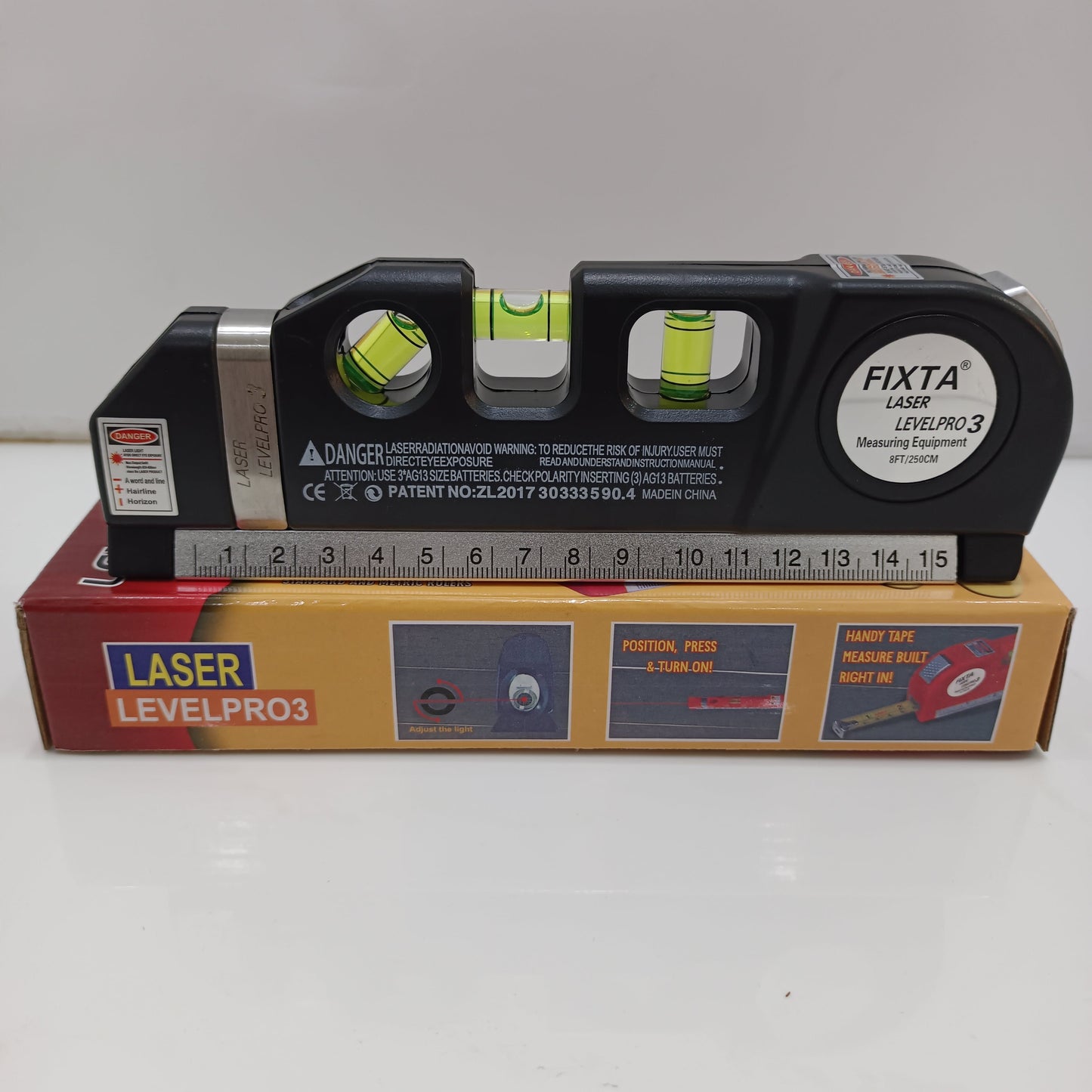 4-in-1 Laser Level Measuring Tool – With 8ft Tape, Triple Bubble Level & Laser Guide