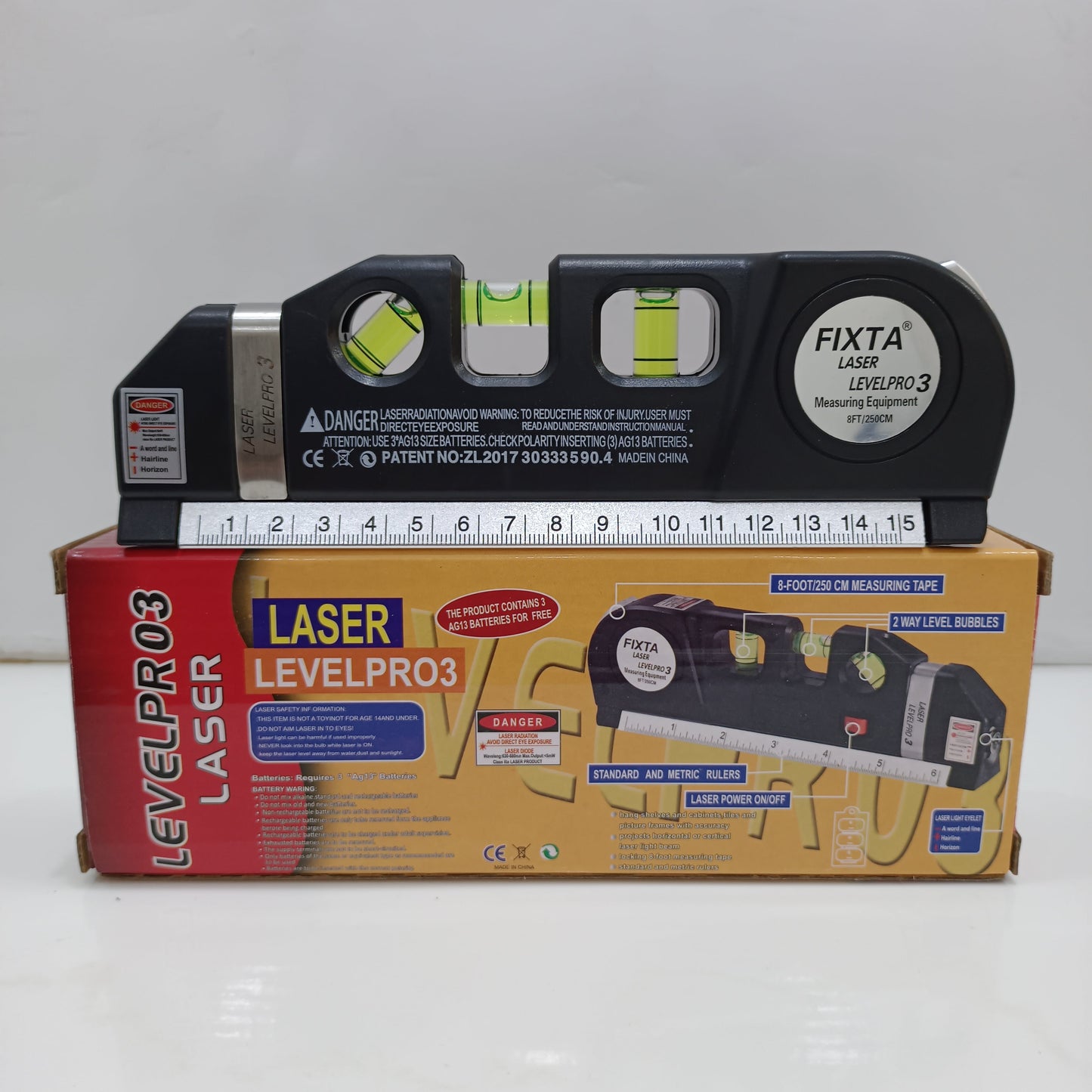 4-in-1 Laser Level Measuring Tool – With 8ft Tape, Triple Bubble Level & Laser Guide